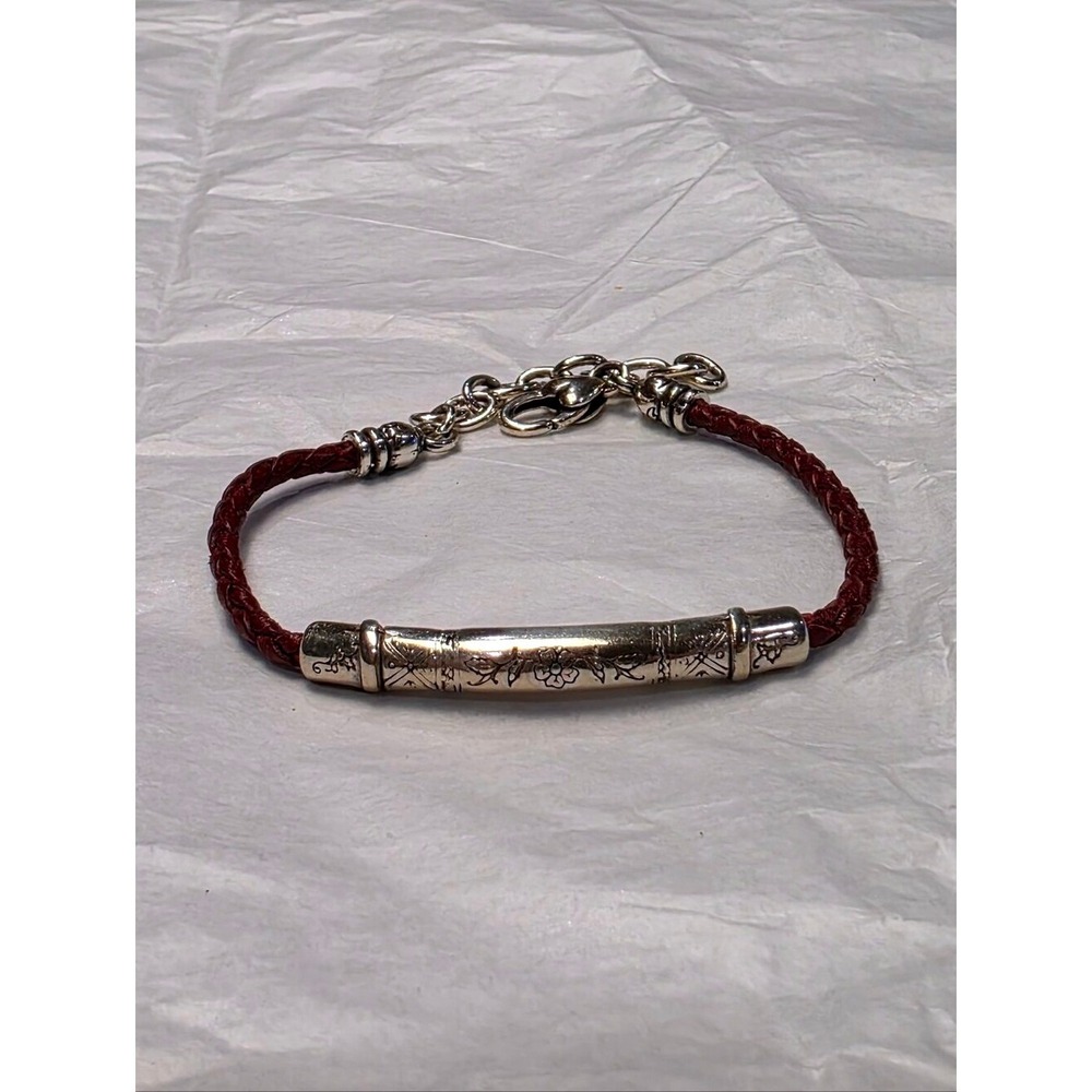 Brighton Burgundy Braided Leather Bracelet Silver Floral Engraved Tube Bar